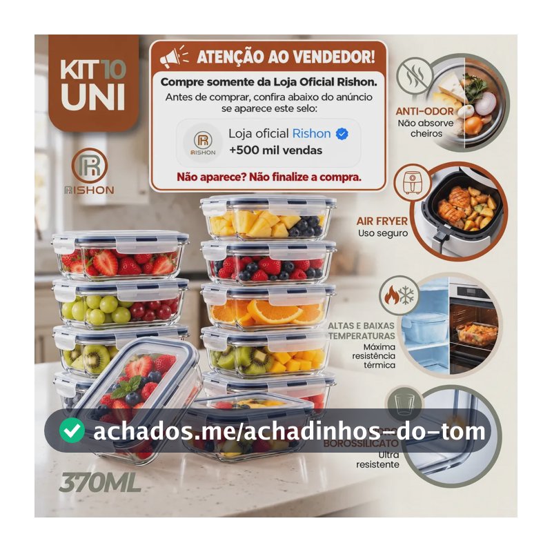 Kit 10 Pote De Vidro Marmita Hermético 370ml Freezer Fitness Rishon