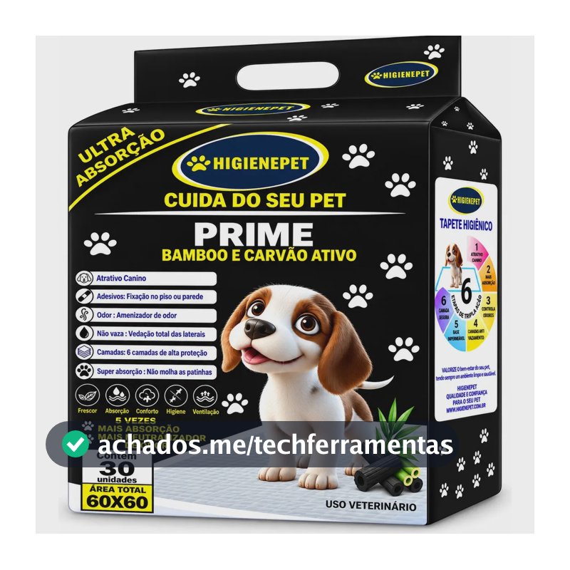 Tapete Higiênico Higienepet P/ Cães 60x60cm 30 Unidades Carvão Bamboo