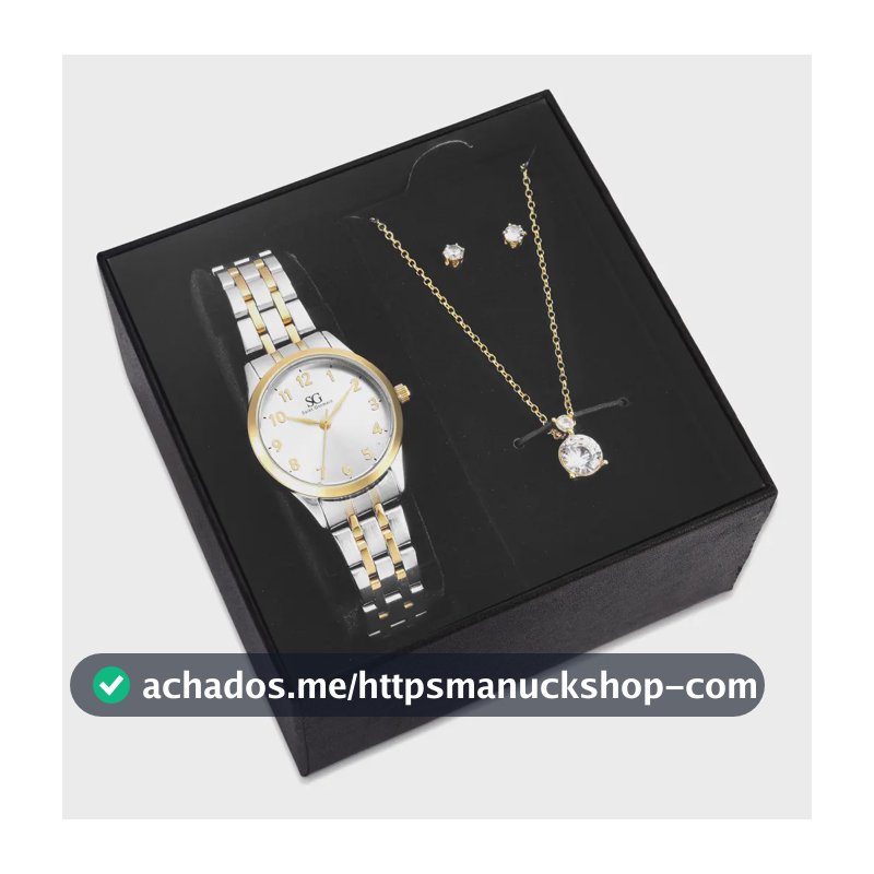 Kit Relógio Colar e Brincos Ponto De Luz Dourado e Prateado Feminino Luxo Saint Germain 28mm