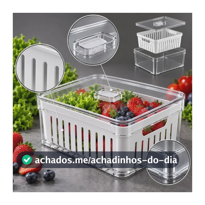 Organizador de Geladeira 2,2L com Cesto de Drenagem Plástico Livre de BPA Tampa com Trava Pote de Acrílico Transparente Ponte Lar Utilidades para Frutas Legumes Verduras Frio Armário Cozinha 1 Unidade