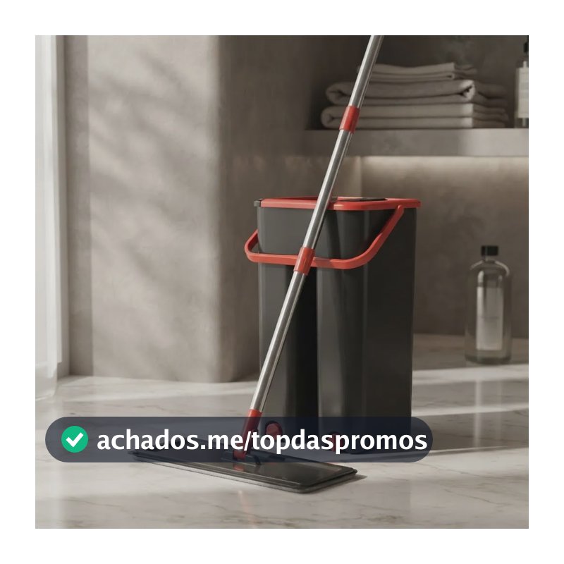 Flat Mop Rodo Limpeza Lava Seca Com Balde E Refil Mobi Moop Preto Com Detalhes Em Vermelho