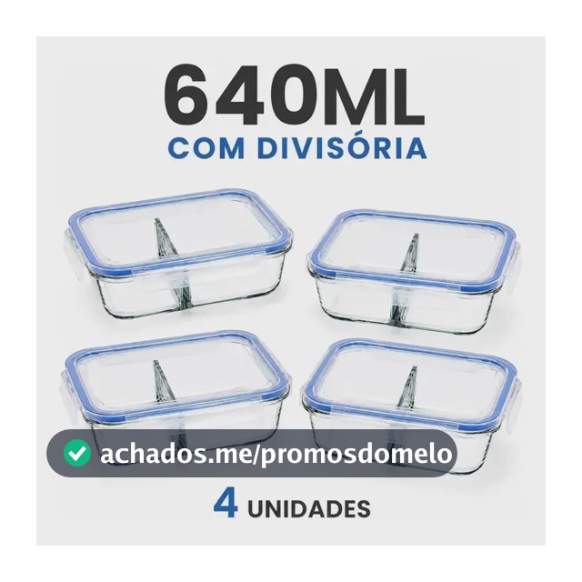 Conjunto 4 Potes Hermético Vidro 640ml C/ Divisória Marmita Transparente