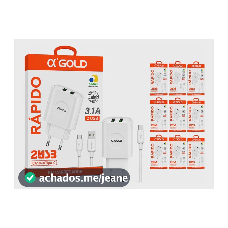 Kit 10 Carregador + Cabo Tipo C 2 Usb Rápido Atacado Revenda Branco
