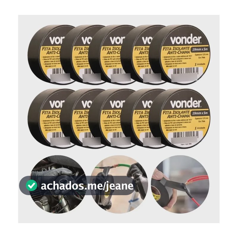 Kit 10 Fitas Isolante Antichama Vonder 19mm X 5m Preta Preto Liso