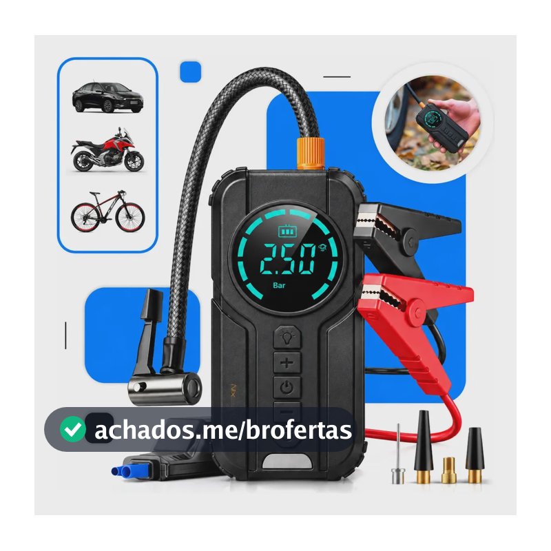 Auxiliar de Partida Carregador Bateria Com Compressor De Ar Portátil Veicular Emergência 6 em 1 Inteligente Digital 12V Calibrador Pneu Automotivo Lanterna LED Moto SUV Bike Caminhonete Marca Nixzen