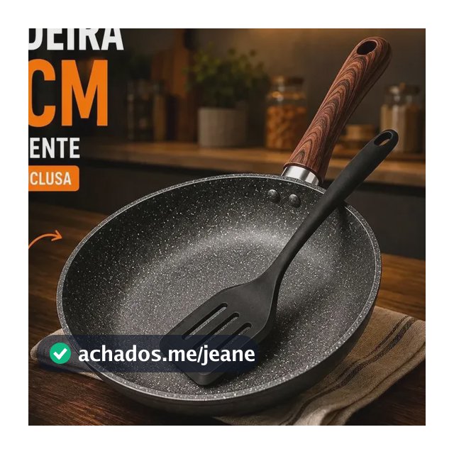 Frigideira Antiaderente Cerâmica Granito 24cm com Espátula Cabo de Madeira Indução Cooktop e Fogão a Gás Não Gruda Sem Óleo Viacruz