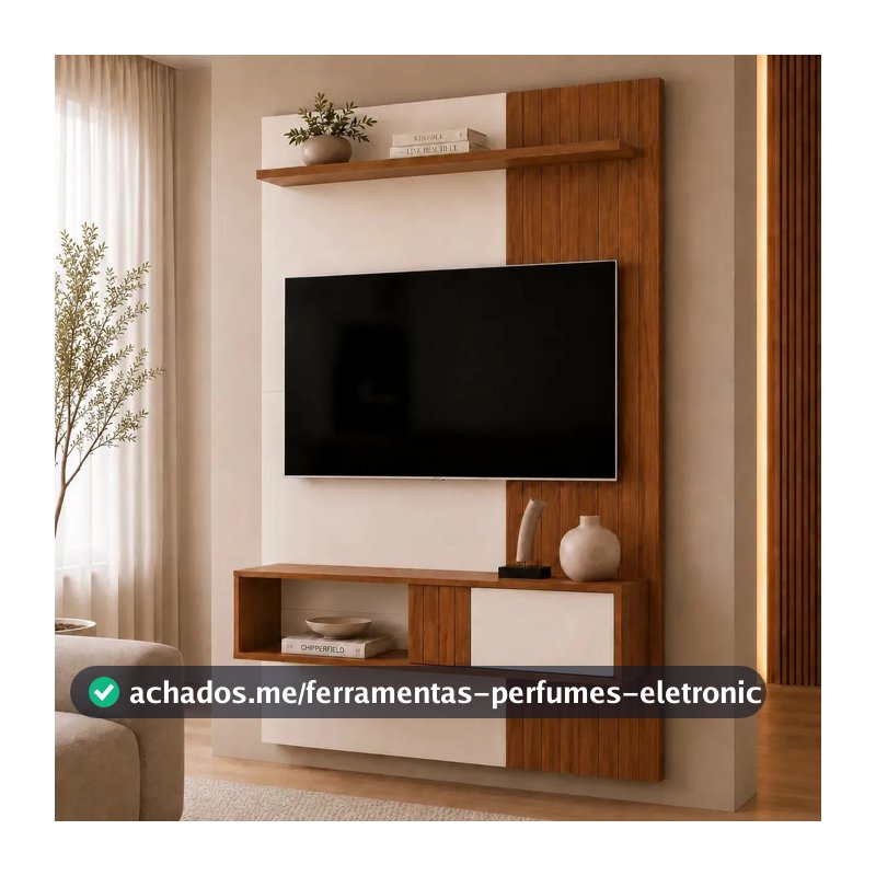 Painel Dj Cosmos 1200 Para Tv Até 55 Ripado Porta Deslizante Off White / Freijó