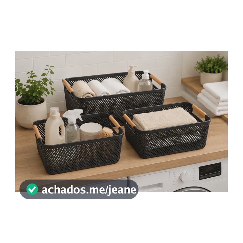 Kit 3 Cesto Organizador Multiuso Alça Madeira 27cm Preto