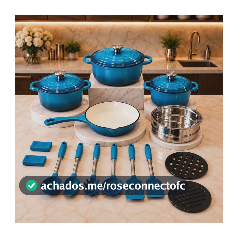Kit Panelas Ferro Fundido 18 Peças Antiaderente Esmaltada Azul