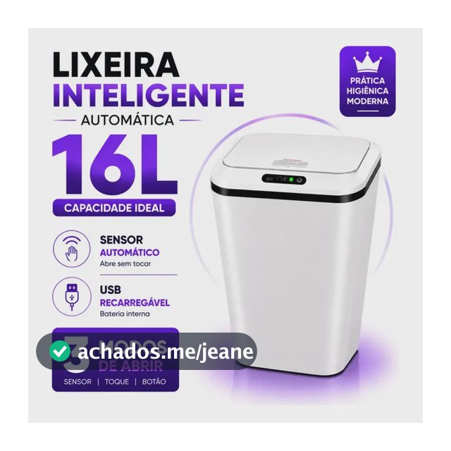 Lixeira Inteligente Automática 16L Sensor Infravermelho Recarregável USB-C 3 Modos Tampa Touch Banheiro Cozinha