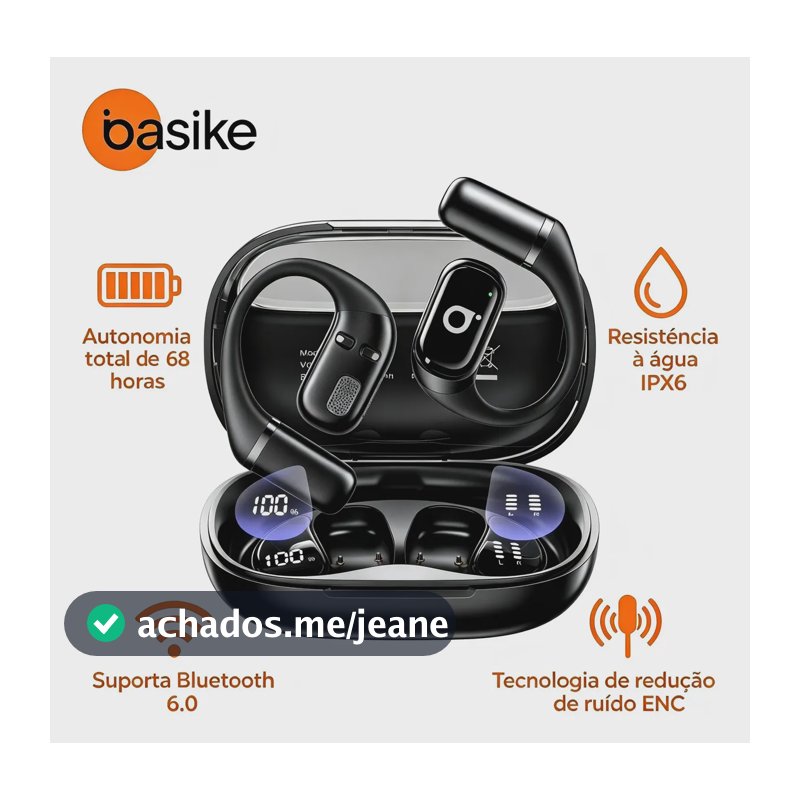 Basike Fone De Ouvido Bluetooth 6.0 Esportivo Ows Com Gancho Anticair, Confortável, 60h Bateria, Ipx6 À Prova D'água, Enc Chamada, Conexão Estável, Visor Led Para Academia, Corrida, Ciclismo, Jogos
