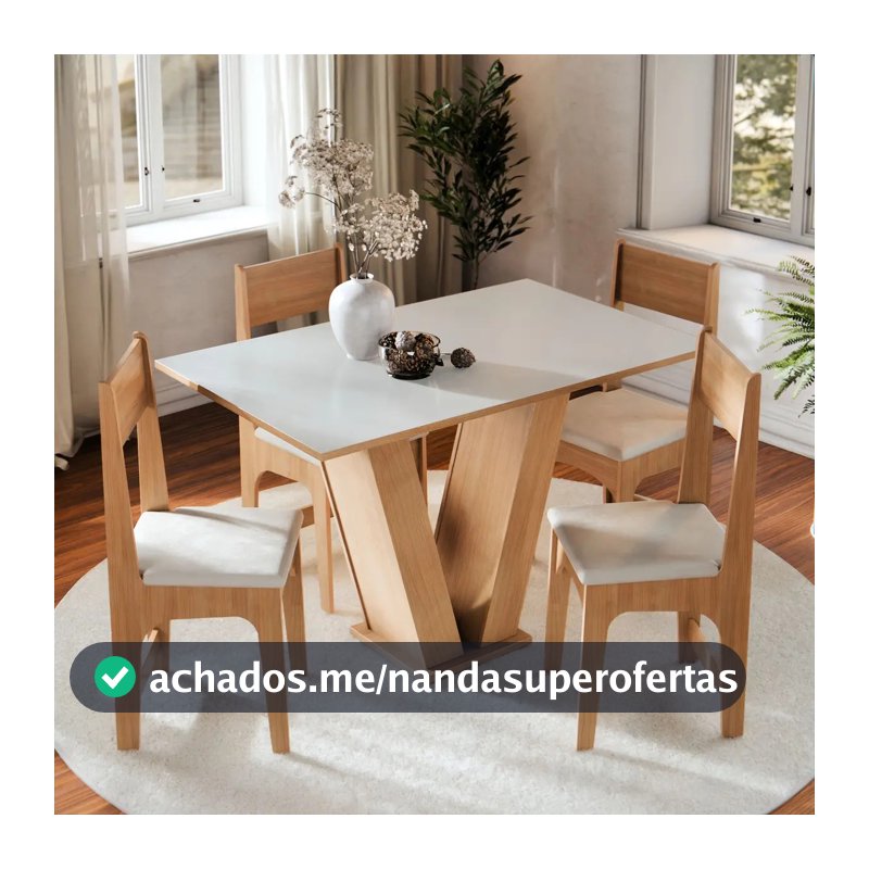 Conjunto Sala de Jantar 4 Lugares com Cadeiras Estofadas Mesa Com Tampo Retangular Semelhante Vidro Base V Mel Branco Off White