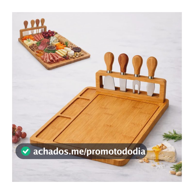Kit Tábua De Frios E Queijos Grande Bambu 40cm + Jogo De Facas 4 Peças Petisqueira Para Servir Mesa Posta Gourmet Encontro Familiar Romântico Premium E Ecológica