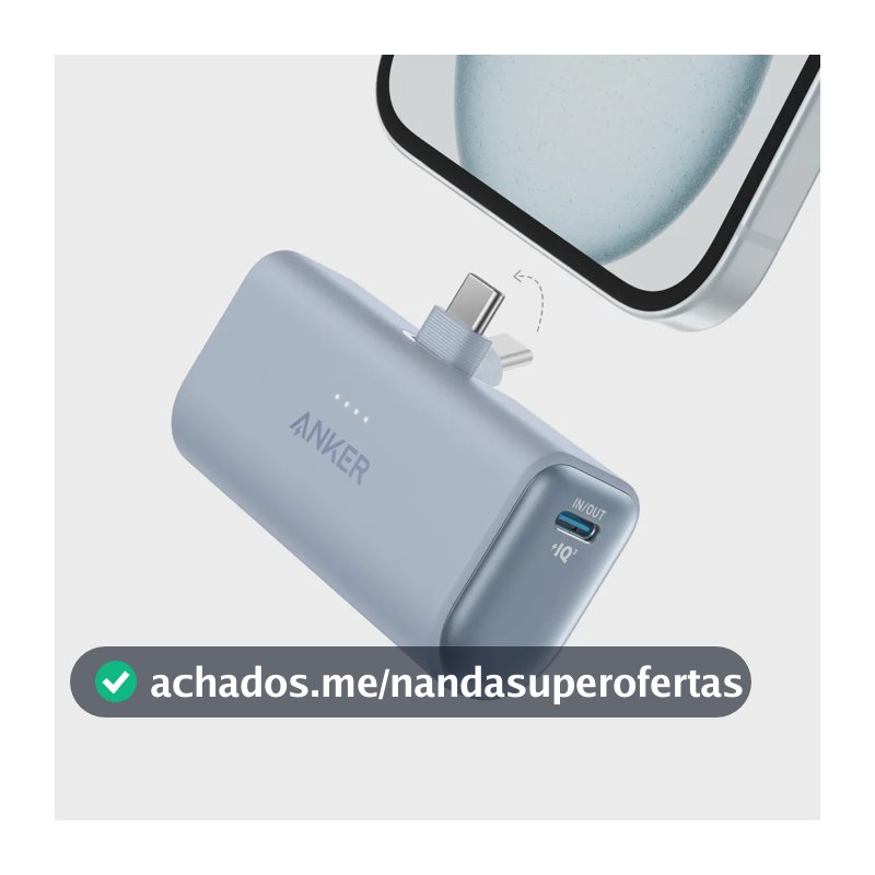 Carregador Portátil Anker Power Bank Pocket 5.000mAh 22.5W Conector USB-C Embutido Dobrável, Carga Turbo PowerIQ 3.0, Com Cabo USB-C 0,6m, iPhone 17/16/15, Samsung Galaxy, Xiaomi, Motorola, Azul