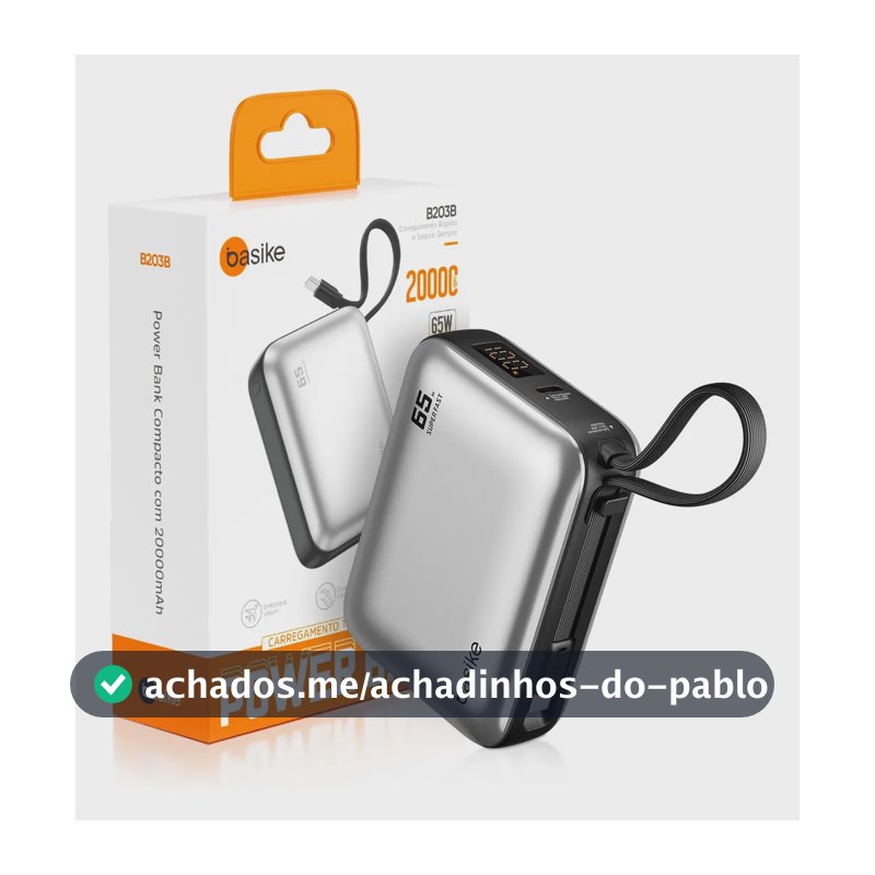 Power Bank Basike 20000mAh para Notebook e Celular com Cabo USB-C 65W