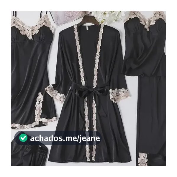 Conjunto De Pijama De Renda De Cetim, 5 Peças , Scarlet Xxl Preto M