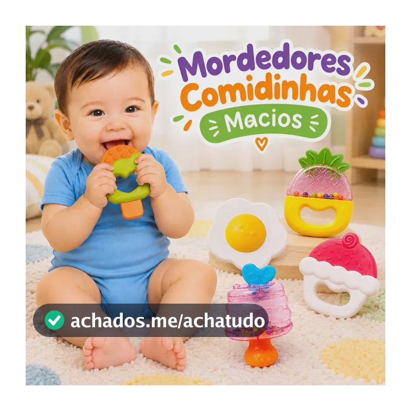 Kit Mordedores E Chocalho Bebê Macio Sensorial Educativo Colorido Comidinhas