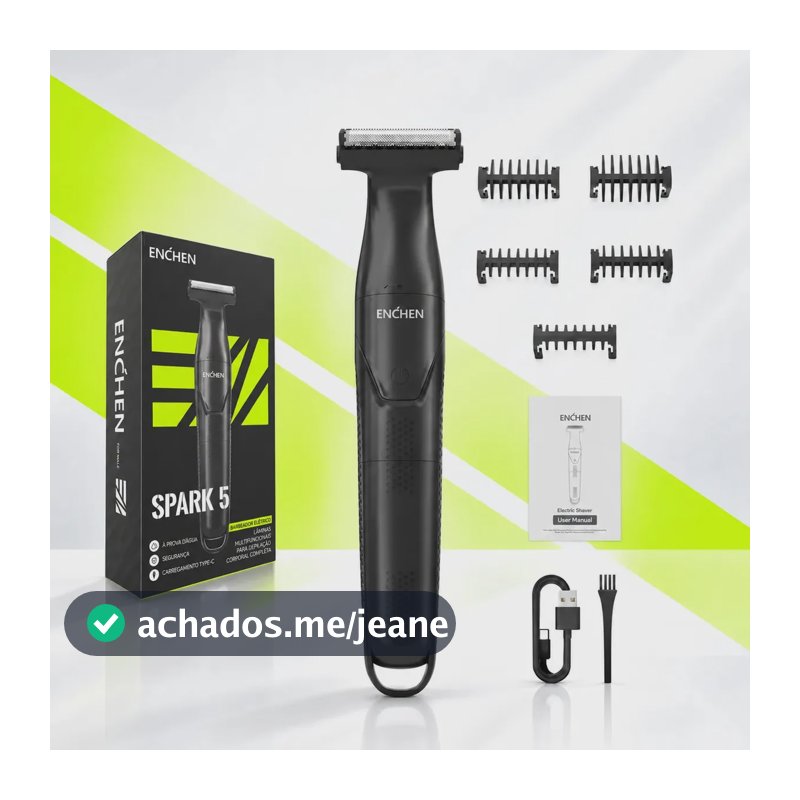 Barbeador Elétrico Enchen Spark 5 Sem Fio 2 em 1 (Barbeador + Aparador), Aparador de Pelos com Uso Seco e Molhado, Lâmina Ultrafina, 90 Min de Autonomia, para Barba e Corpo, 5 Pentes Guia