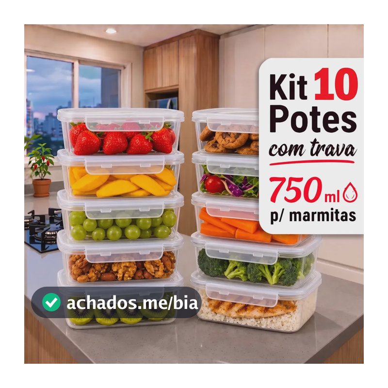 Kit 10 Potes 750ml Com Tampa Trava Plástico Transparente Para Mantimentos E Alimentos Marmita Organizador De Cozinha Geladeira E Freezer Jogo De Potes Para Organização Ponte Lar Utilidades