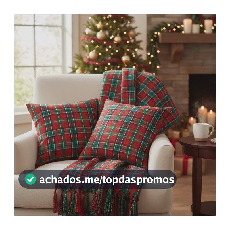 Kit Manta + 2 Capas De Almofada Jacquard Fio Tinto Natalino Vermelho E Verde Xadrez