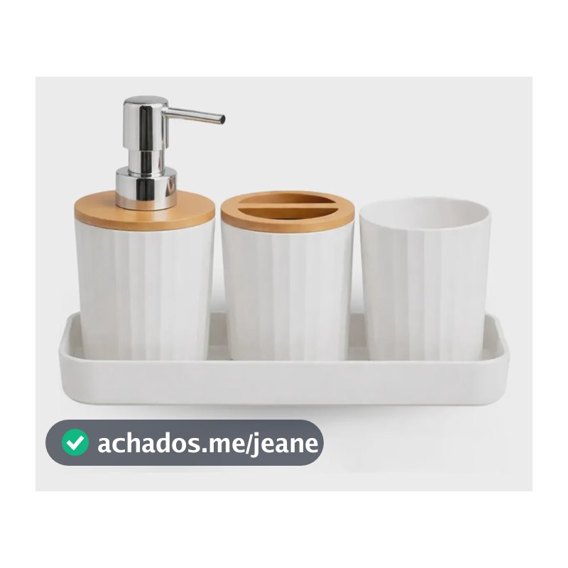 Kit Banheiro 4 Peças Dispenser Bambu Organizador Banheiro Branco