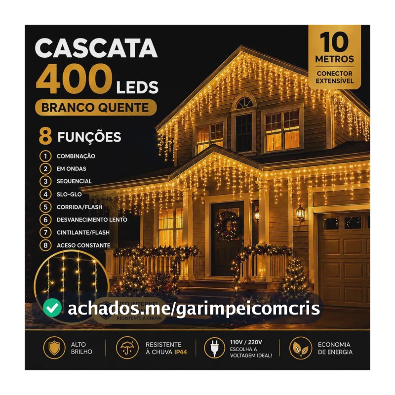 Cascata Natal com 8 Funções 400 Leds 10 Metros Branco Quente Extensível Macho Fêmea A Prova D'agua área interna e externo para Casa e Apartamento LARUNO