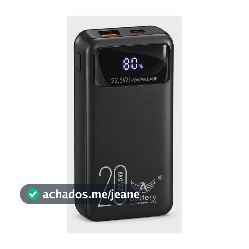 Power Bank 20000mAh Carga Rápida 22.5W para iPhone e Samsung, Com Cabos Embutidos e Display preto/branco