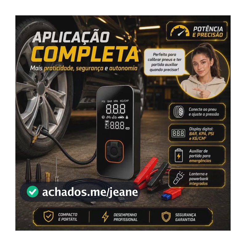 Compressor de Ar Digital para Pneus com Auxiliar de Partida, Power Bank e Lanterna LED