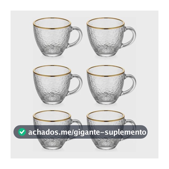 Jogo 6 Xícaras Café Chá 100ml Vidro Borda Dourada Luxo Dourado Martelado