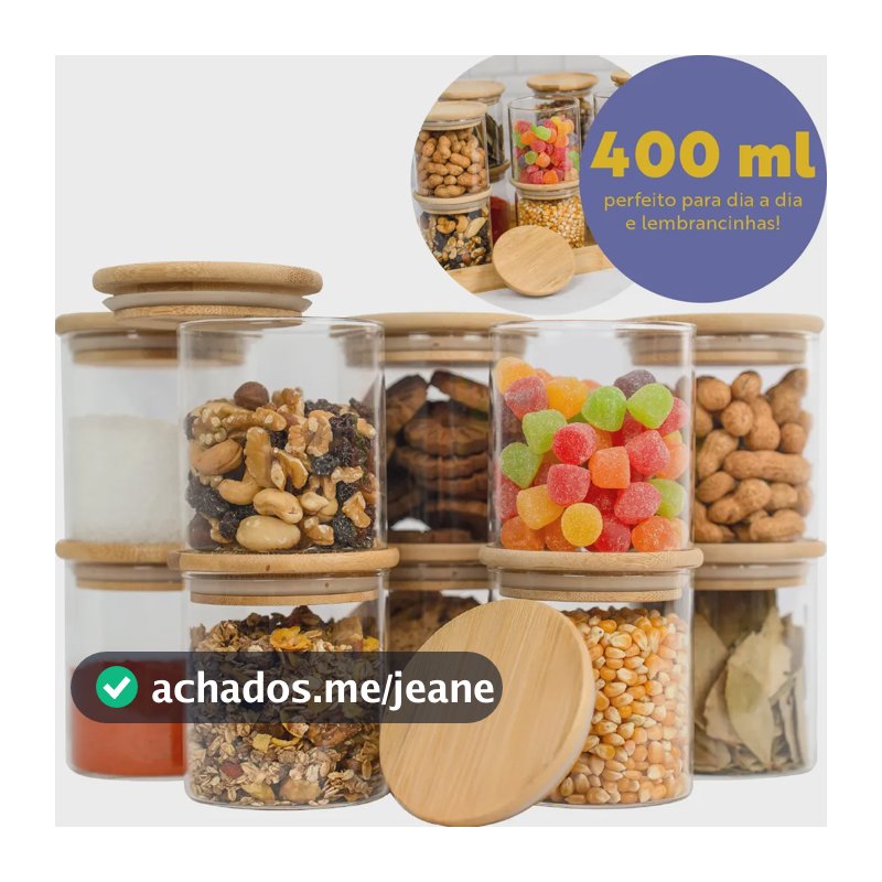 Kit 10 Pote Vidro Hermético Tampa De Bambu 400ml Cozinha Transparente