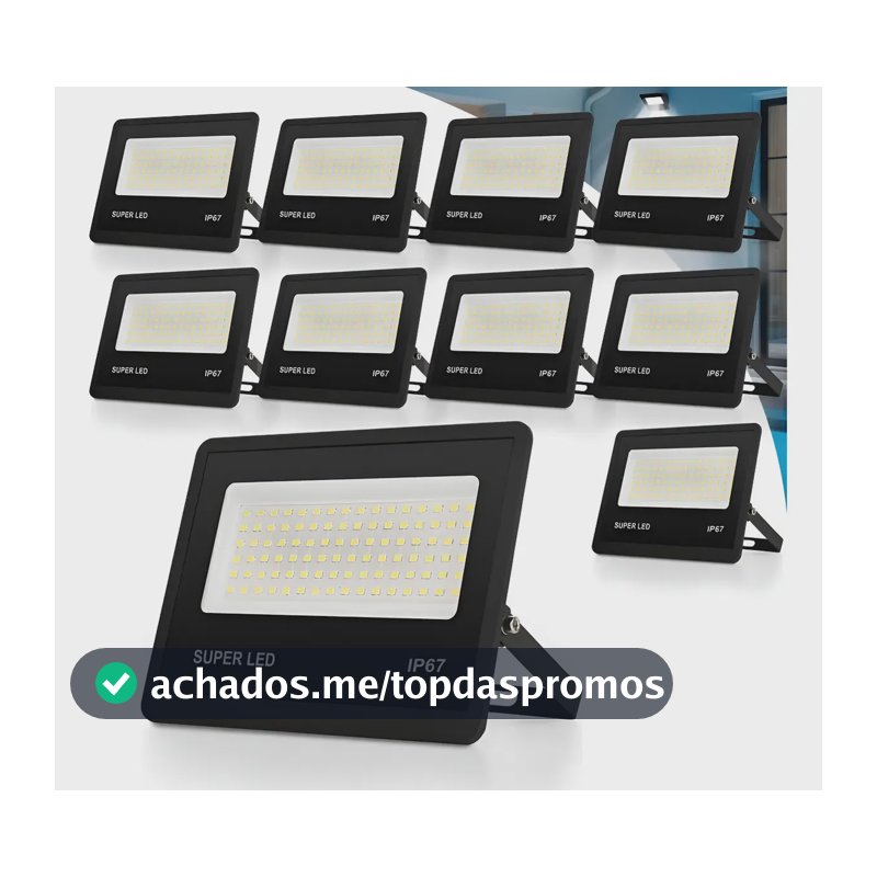 Kit 10 Refletor Led 300w Holofote Bivolt Ip67 Externas 6500k 127/220v Preto Branco-frio