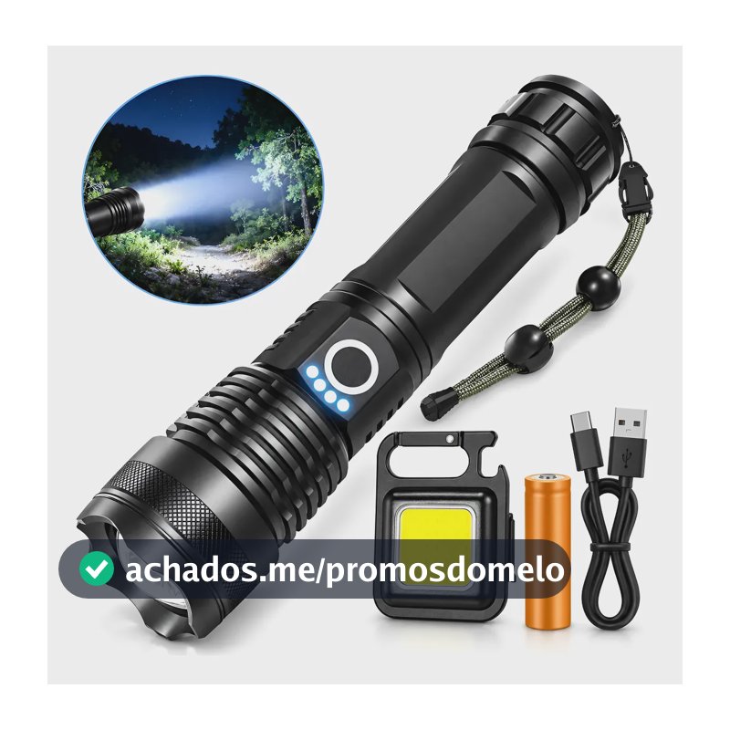 Lanterna Tática Recarregável Usb-c Zoom + Chaveiro Cob Branco Preto