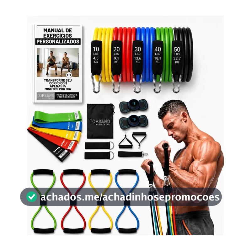 Kit 20 Itens Esportivos Para Treino Em Casa Academia Fitness Funcional Com Elásticos Extensor Puxadores Massageador Faixas Elásticas Mini Band P/ Exercícios Ginástica Fisioterapia Topsand Activewear