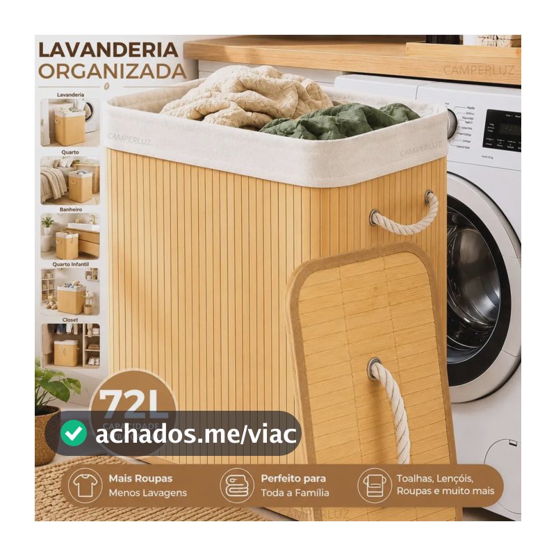 Cesto Organizador De Roupa Bambu Dobrável Retangular Com Tampa Forro e Alças 72 Litros Grande Capacidade Reforçado Caixa Organizadora para Brinquedos - Marca Macater