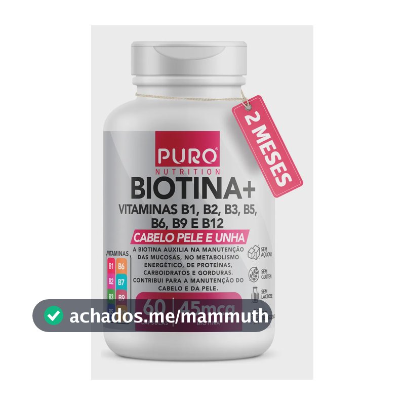Biotina + Puro Nutrition Pele, Cabelo e Unhas, 45 mcg de Biotina por dose, Vitaminas B1, B2, B3, B5, B6, B9 e B12, 60 Cápsulas