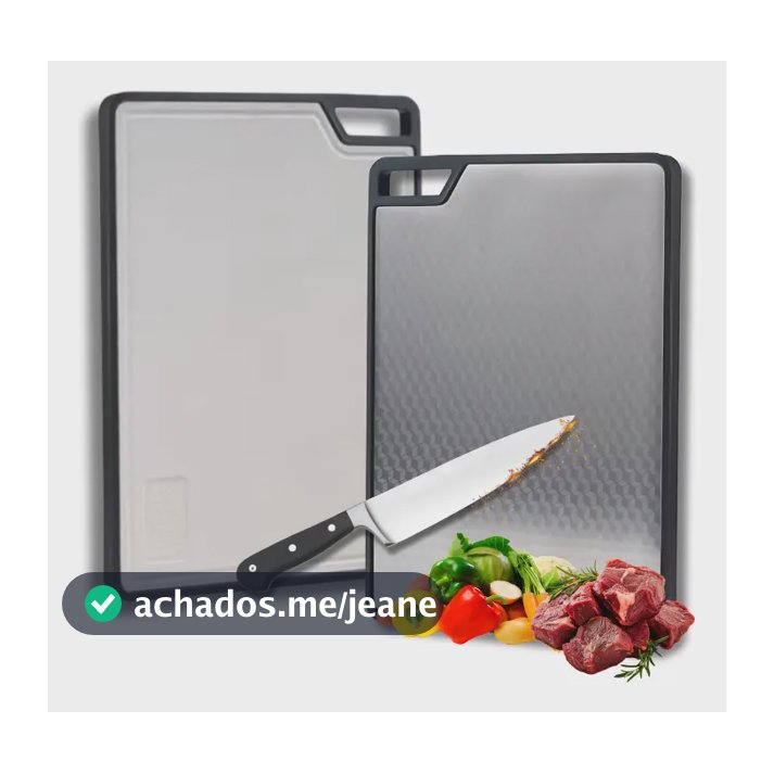 Tábua de Corte Higiênica Dupla Face 36x26 para Cozinha em Aço Inoxidável e Polipropileno Homefy com Alça e Canaleta
