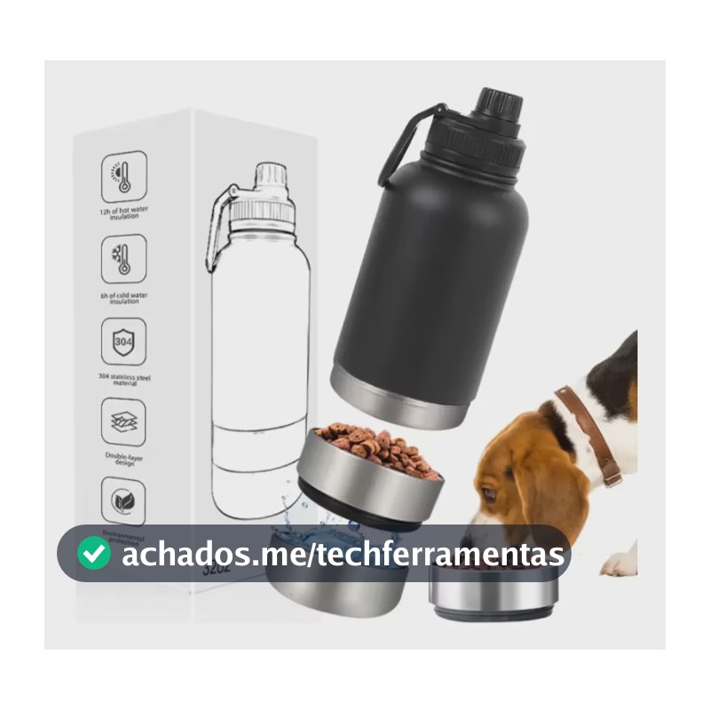 Garrafa Pet Passeio 3 Em 1 Térmica Comedouro Bebedouro Inox Preto