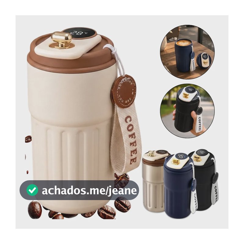 Copo Térmico Caneca Café Chá Tampa Display Temperatura Inox Creme/marrom Liso