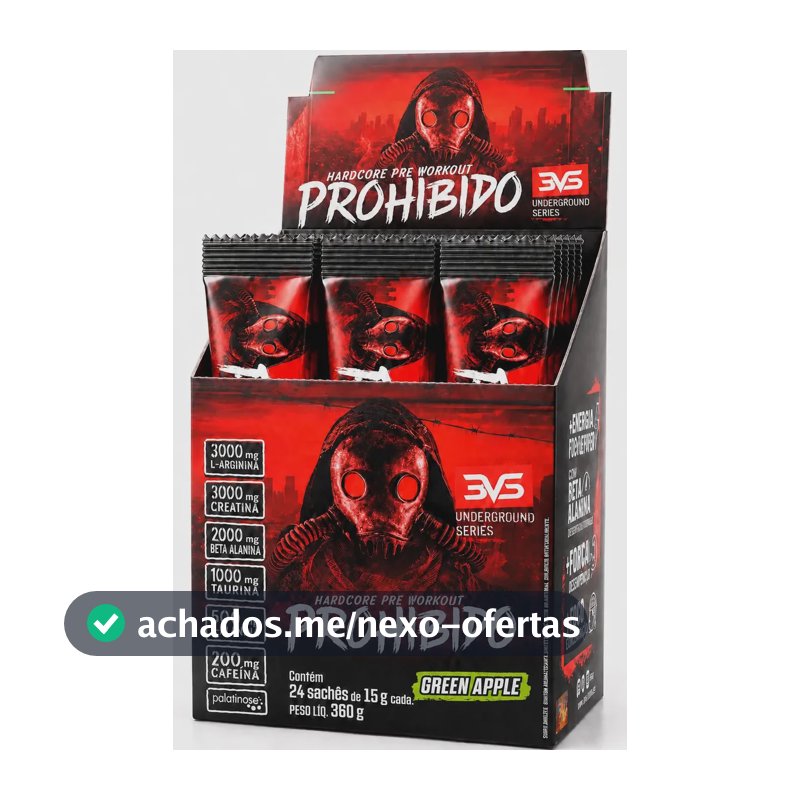 PRÉ TREINO PROHIBIDO 24 Sachês dose individual com 15g cada - Sabor: Green Apple - Fórmula Exclusiva com 11 ingredientes
