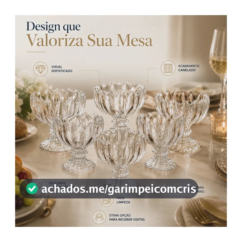 Kit 6 Taças de Vidro Cristal para Sorvete Sobremesa Açaí Mousse Salada de Frutas 135ml Canelada Transparente Base Decorativa Premium