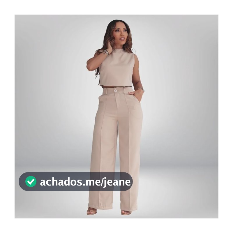 Conjunto Feminino Alfaiataria Cropped E Calça Elegante Luxo Bege Gg