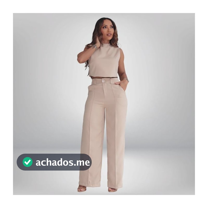 Conjunto Feminino Alfaiataria Cropped E Calça Elegante Luxo Bege Gg