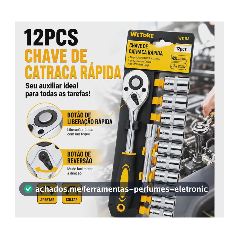 Kit Chave Catraca Soquetes Reversível 1/2 12 Peças Aço Cr-v Amarelo