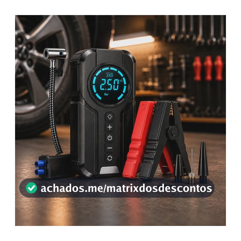 Auxiliar de Partida Bateria e Compressor de Ar Portátil 6 em 1 Inteligente para Carro, Moto e Bicicleta com Lanterna e Power Bank