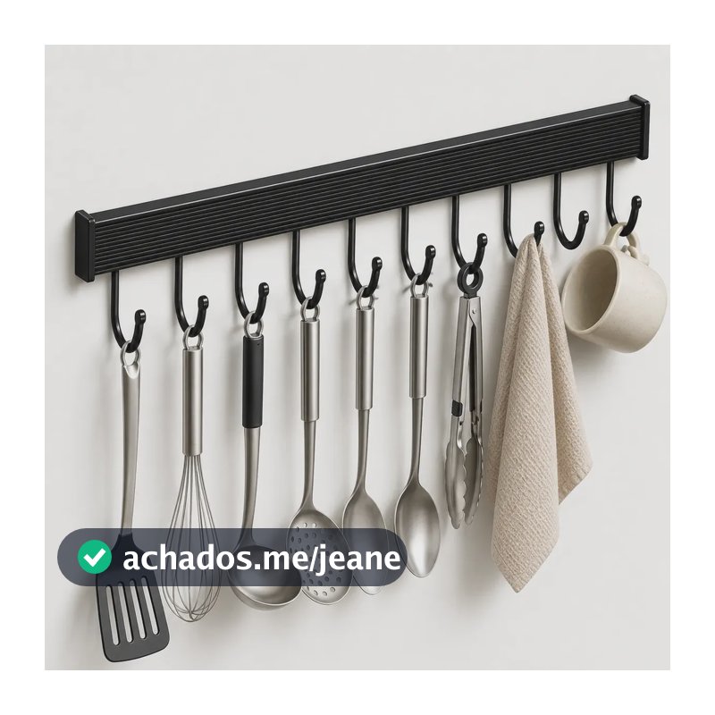Suporte De Pendurar Cozinha Porta Talheres Utensílios Parede Adesivo Plus 60cm Grande Com 12 Ganchos Preto Marca Multi9dad3s