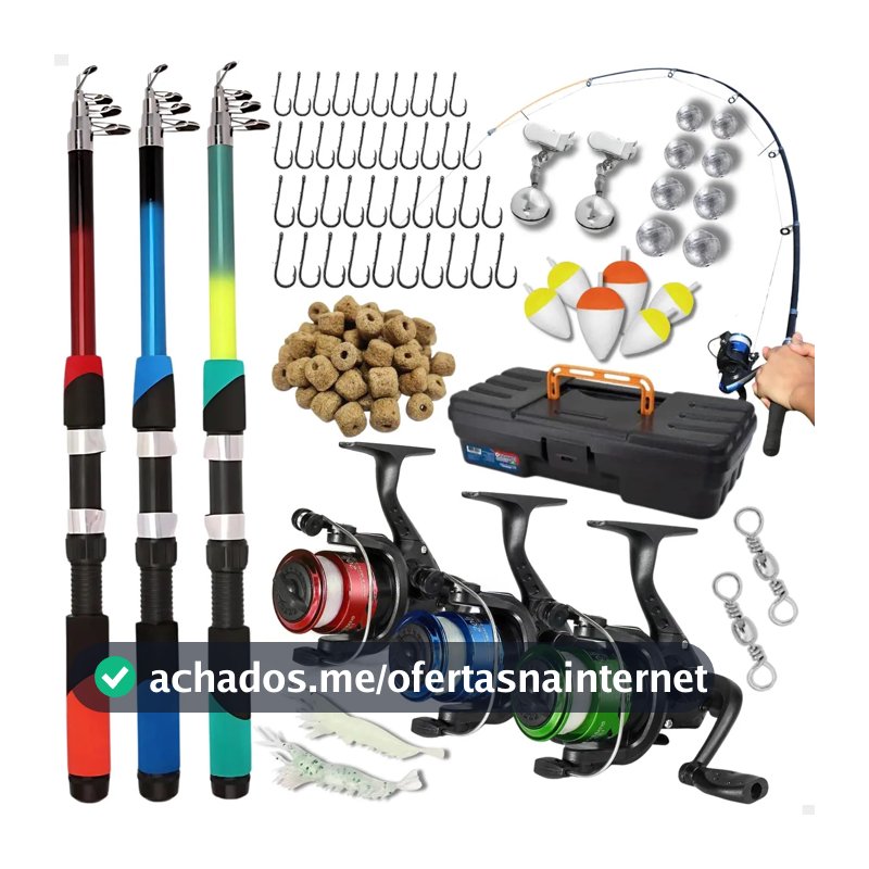 Kit de Pesca Completo Pescamping com 3 Varas Telescópicas e 3 Molinetes de Fibra de Vidro, Maleta e Acessórios