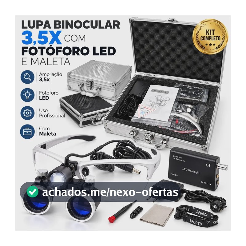 Lupa Odontológica Binocular 3,5x com Fotóforo LED Profissional Dentista Endodontia Restauração 320-420mm Bivolt Óculos Lupa Cirúrgica com Maleta - Holotv