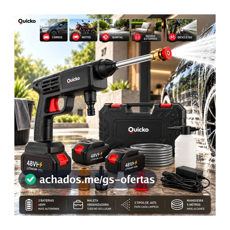 Lavadora De Alta Pressão Vap Portátil Sem Fio Bateria Lava Jato Elétrica Recarregável P/ Lavar Carro Moto Quintal C/ 2 Baterias Quicko Bico Mangueira Dispenser De Sabão Lavadora Alta Pressao Portátil