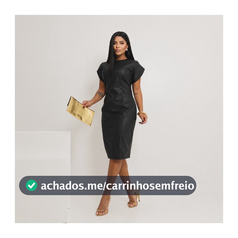 Vestido Feminino Midi Couro Fake Manga Curta Elegante Casual Preto P