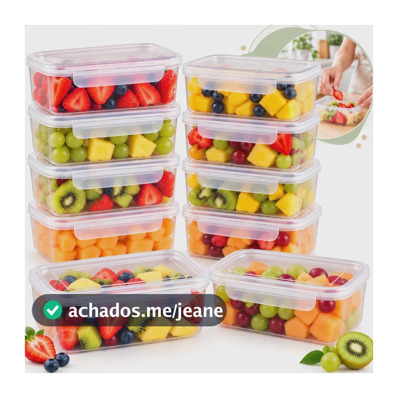 Kit 10 Potes 800ml com Tampa Trava Plástico Transparente para Mantimentos e Alimentos Marmita Para Semana Microondas e Frezer Organizador de Cozinha Geladeira e Freezer Jogo de Potes para Organização
